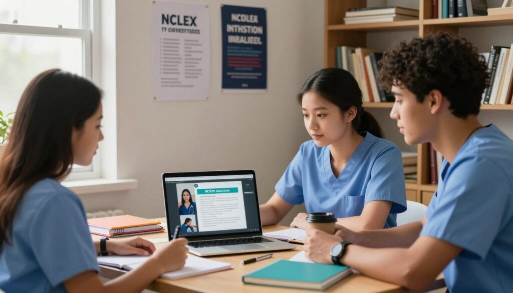A cozy study corner with a desk featuring a laptop opened to a TikTok video about NCLEX exam prep. In the foreground, a diverse group of three nursing students, two females and one male, are attentively watching the laptop, dressed in professional scrubs and casual attire. On the desk, colorful notebooks, pens, and a coffee cup add a vibrant touch. The middle ground has a wall covered with motivational posters related to nursing and study tips. Soft, natural light pours in from a nearby window, creating a warm atmosphere. In the background, a bookshelf filled with nursing textbooks and study resources completes the scene. The overall mood is focused and encouraging, ideal for students incorporating TikTok into their study routine.