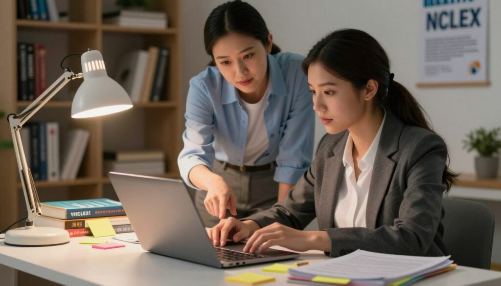 A cozy study environment featuring a professional-looking young woman in business attire, sitting at a desk scattered with NCLEX study materials, textbooks, and colorful sticky notes. She has a focused expression as she uses a laptop and takes notes. A warm, inviting glow from a desk lamp illuminates her workspace, enhancing a sense of determination and calm. In the middle ground, a supportive friend, also dressed in business casual, leans over the desk, pointing at the laptop screen, symbolizing collaboration. The background showcases a bookshelf lined with nursing textbooks and motivational posters. Soft focus on the background adds depth, while the overall atmosphere is encouraging, emphasizing the theme of reaching out for support in preparation for the NCLEX exam. A cozy study environment featuring a professional-looking young woman in business attire, sitting at a desk scattered with NCLEX study materials, textbooks, and colorful sticky notes. She has a focused expression as she uses a laptop and takes notes. A warm, inviting glow from a desk lamp illuminates her workspace, enhancing a sense of determination and calm. In the middle ground, a supportive friend, also dressed in business casual, leans over the desk, pointing at the laptop screen, symbolizing collaboration. The background showcases a bookshelf lined with nursing textbooks and motivational posters. Soft focus on the background adds depth, while the overall atmosphere is encouraging, emphasizing the theme of reaching out for support in preparation for the NCLEX exam.