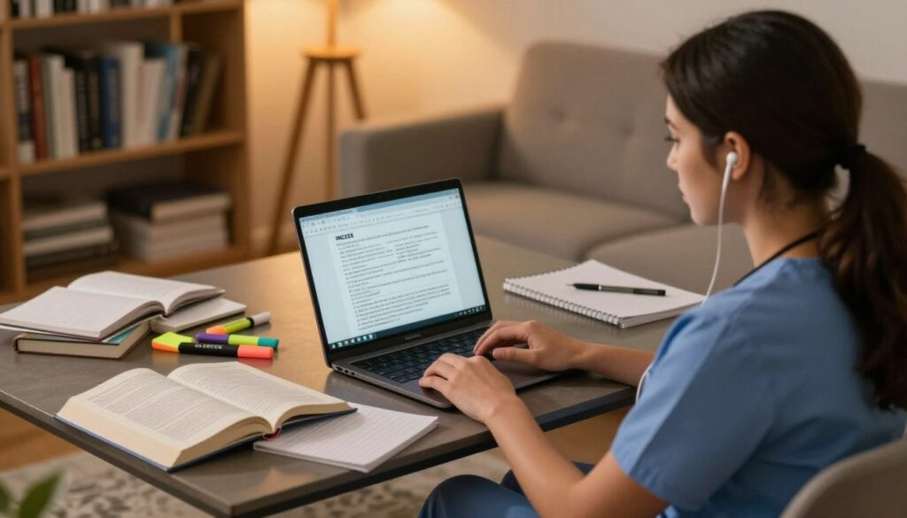 A cozy study environment featuring a professional nurse listening to a podcast on NCLEX exam strategies. In the foreground, a focused nurse, wearing scrubs, sits comfortably with earbuds, surrounded by nursing textbooks and a laptop displaying nursing notes. In the middle ground, a coffee table cluttered with highlighters and notepads, illustrating an organized yet dynamic study space. The background reveals a softly lit bookshelf filled with medical texts, creating an atmosphere of learning and focus. Warm lighting, mimicking golden hour, casts a gentle glow, enhancing the calm yet motivated mood of exam preparation. The perspective is slightly above eye level, inviting viewers into the scene, emphasizing the importance of auditory learning in mastering nursing knowledge.