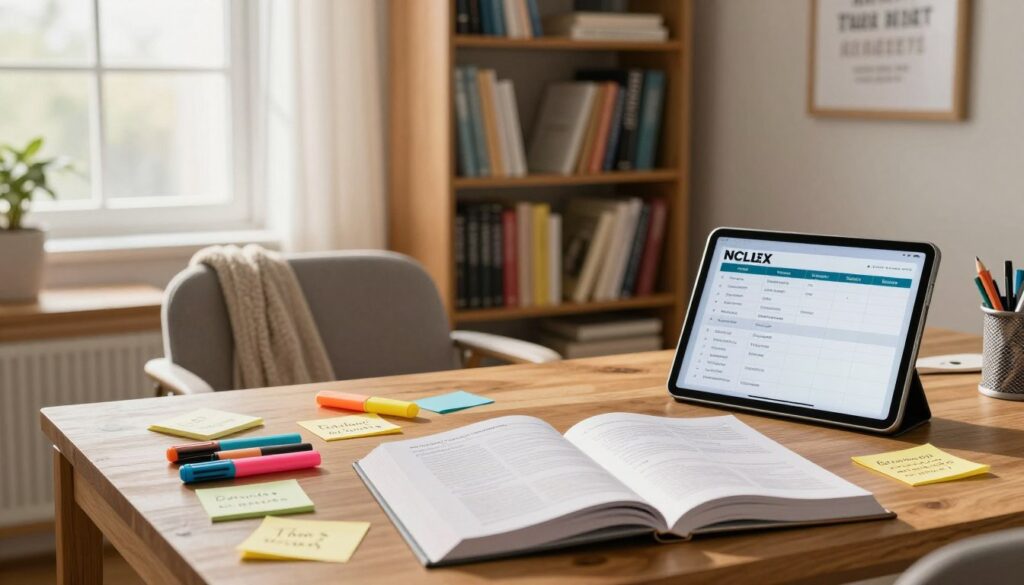 A cozy study environment focused on effective NCLEX study habits. In the foreground, a well-organized wooden desk is cluttered with colorful highlighters, sticky notes with key concepts, and an open NCLEX study book. A digital tablet displaying a study schedule is angled toward the viewer. In the middle ground, a comfortable chair is positioned next to the desk, adorned with a soft throw blanket. A large, softly lit bookshelf filled with nursing textbooks and study guides serves as the backdrop, while natural sunlight filters through a window, creating a warm and inviting atmosphere. The room is decorated with inspiring motivational quotes framed on the walls. The overall mood is focused and peaceful, encouraging productive study sessions. A cozy study environment focused on effective NCLEX study habits. In the foreground, a well-organized wooden desk is cluttered with colorful highlighters, sticky notes with key concepts, and an open NCLEX study book. A digital tablet displaying a study schedule is angled toward the viewer. In the middle ground, a comfortable chair is positioned next to the desk, adorned with a soft throw blanket. A large, softly lit bookshelf filled with nursing textbooks and study guides serves as the backdrop, while natural sunlight filters through a window, creating a warm and inviting atmosphere. The room is decorated with inspiring motivational quotes framed on the walls. The overall mood is focused and peaceful, encouraging productive study sessions.