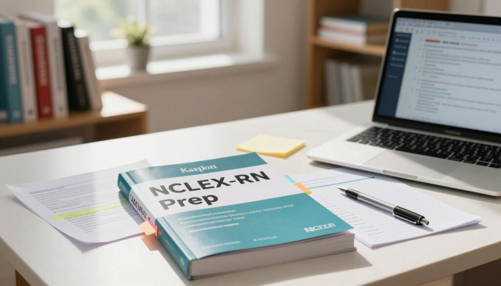 A cozy study environment showcasing a well-organized workspace dedicated to NCLEX prep. In the foreground, a Kaplan NCLEX-RN Prep book is prominently displayed, its cover visible and designed with professional aesthetics. Surrounding the book are highlighted notes, colorful sticky tabs, and a laptop open to a relevant NCLEX study resource. In the middle, soft natural light filters in through a window, illuminating the scene and casting gentle shadows, creating a warm and inviting atmosphere. The background features a bookshelf filled with additional nursing and test preparation resources, adding depth without overwhelming the focus. The overall mood is encouraging and motivating, perfect for students preparing for their NCLEX exams. The image should maintain a clean and professional look, free of any clutter or distractions.