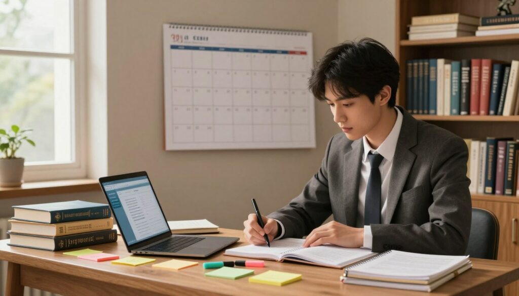 A cozy study room featuring a well-organized desk with textbooks, notebooks, and a laptop open to a study app. In the foreground, a focused student in professional business attire is reviewing notes, surrounded by colorful sticky notes and highlighters, embodying a disciplined study routine. The middle ground includes a large calendar on the wall, neatly marked with study times and breaks, symbolizing a consistent study schedule. The background showcases a bookshelf filled with nursing textbooks and a calming window view letting in soft, warm natural light, creating a productive and inviting atmosphere. The overall mood is one of motivation and focus, inspiring effective study habits.