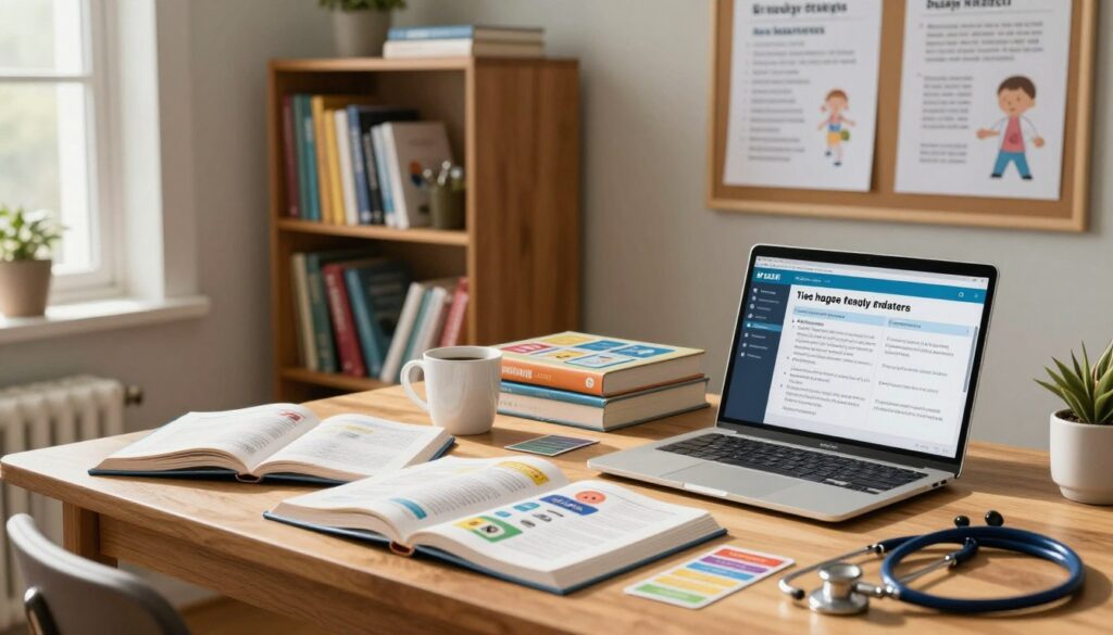 A cozy study room filled with educational materials focused on pediatrics. In the foreground, a neatly arranged wooden desk with open textbooks, colorful flashcards, and a laptop displaying pediatric-related study resources. A coffee mug and a stethoscope add a personal touch. The middle background features a large bookshelf filled with pediatric nursing textbooks and reference guides. Soft, natural light streams in from a nearby window, casting gentle shadows and creating a warm atmosphere. In the background, a bulletin board displays key study strategies and diagrams related to pediatric care. The overall mood is focused and inviting, ideal for productive studying, highlighting the importance of effective study strategies for NCLEX in pediatrics. A cozy study room filled with educational materials focused on pediatrics. In the foreground, a neatly arranged wooden desk with open textbooks, colorful flashcards, and a laptop displaying pediatric-related study resources. A coffee mug and a stethoscope add a personal touch. The middle background features a large bookshelf filled with pediatric nursing textbooks and reference guides. Soft, natural light streams in from a nearby window, casting gentle shadows and creating a warm atmosphere. In the background, a bulletin board displays key study strategies and diagrams related to pediatric care. The overall mood is focused and inviting, ideal for productive studying, highlighting the importance of effective study strategies for NCLEX in pediatrics.