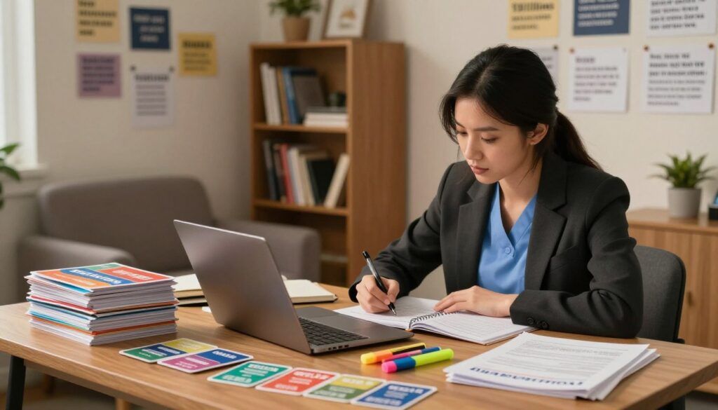 A cozy study room illuminated by warm, soft light, depicting a table cluttered with NCLEX review materials—a stack of colorful flashcards, a laptop open to a study guide, and scattered highlighters. In the foreground, a focused nursing student, wearing professional business attire, is intently reviewing the materials, making notes with a pen, their expression conveying determination and concentration. The wall behind is filled with inspirational quotes and key nursing concepts pinned as a reminder. A comfortable armchair and a bookshelf filled with textbooks complete the middle and background, creating an inviting study atmosphere. The overall mood is one of urgency mixed with positivity, emphasizing the importance of a last-minute review before the exam. A cozy study room illuminated by warm, soft light, depicting a table cluttered with NCLEX review materials—a stack of colorful flashcards, a laptop open to a study guide, and scattered highlighters. In the foreground, a focused nursing student, wearing professional business attire, is intently reviewing the materials, making notes with a pen, their expression conveying determination and concentration. The wall behind is filled with inspirational quotes and key nursing concepts pinned as a reminder. A comfortable armchair and a bookshelf filled with textbooks complete the middle and background, creating an inviting study atmosphere. The overall mood is one of urgency mixed with positivity, emphasizing the importance of a last-minute review before the exam.
