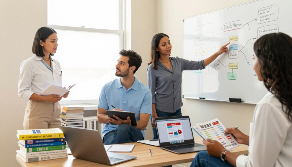 A cozy study room scene designed for NCLEX review sessions, featuring a diverse group of three professional individuals engaged in a concept breakdown on a whiteboard. In the foreground, a focused woman in business casual attire is pointing at colorful flowcharts that illustrate nursing concepts. In the middle, a man in a crisp polo shirt is taking notes on a tablet, while another woman in a smart blouse is reviewing flashcards. The background reveals a bright window with natural light streaming in, illuminating stacks of nursing textbooks and a laptop open to the Simple Nursing YouTube channel. The atmosphere is collaborative and energetic, with warm tones creating a sense of motivation and focus. The camera angle captures the group's dynamics, emphasizing interaction and teamwork.