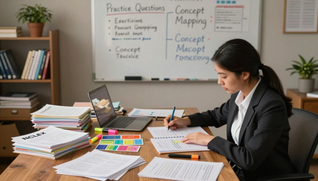 A cozy study room with a large wooden desk cluttered with NCLEX study materials, including colorful flashcards, highlighters, and textbooks. In the foreground, a focused nursing student, depicted in professional business attire, is seated at the desk, surrounded by notes and diagrams, actively highlighting important concepts. In the middle, a soft light illuminates a whiteboard filled with effective study techniques, like "Practice Questions" and "Concept Mapping." Background elements feature a bookshelf with nursing textbooks and a potted plant for a touch of greenery. The atmosphere is calm and focused, with warm lighting creating an inviting study environment, shot from a slightly elevated angle to capture the entire scene effectively.