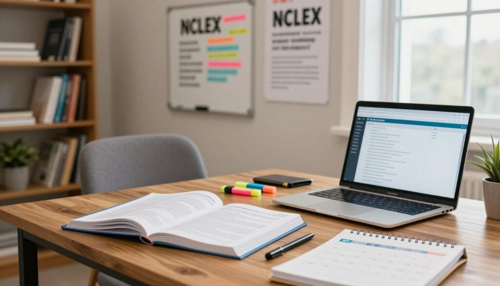 A cozy study space designed for NCLEX preparation. In the foreground, a sleek wooden desk holds open NCLEX review books, highlighters, and a laptop displaying a study plan. A neatly organized calendar is partially visible, filled with study dates. The middle ground features a comfortable chair, a whiteboard with colorful notes, and an inspiring poster about studying effectively. In the background, a well-lit room with bookshelves filled with nursing textbooks and a potted plant adds warmth. Soft, natural lighting filters through a window, creating an inviting and focused atmosphere. The scene conveys determination and a structured approach to studying for the NCLEX. A cozy study space designed for NCLEX preparation. In the foreground, a sleek wooden desk holds open NCLEX review books, highlighters, and a laptop displaying a study plan. A neatly organized calendar is partially visible, filled with study dates. The middle ground features a comfortable chair, a whiteboard with colorful notes, and an inspiring poster about studying effectively. In the background, a well-lit room with bookshelves filled with nursing textbooks and a potted plant adds warmth. Soft, natural lighting filters through a window, creating an inviting and focused atmosphere. The scene conveys determination and a structured approach to studying for the NCLEX.