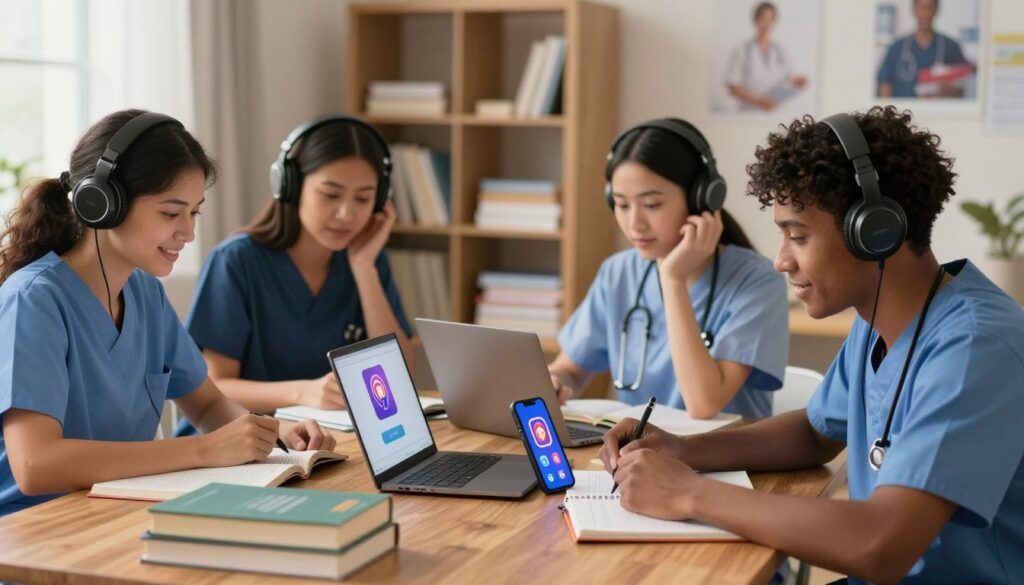 A cozy study space featuring a diverse group of nursing students, two women and one man, immersed in studying while listening to podcasts on their devices. The foreground shows them seated at a wooden table, surrounded by textbooks and notebooks, with headphones on, conveying focus and engagement. In the middle, a laptop and a smartphone displaying podcast icons are prominently placed, with nursing textbooks stacked nearby. Soft, warm lighting creates a welcoming atmosphere, illuminating the students' expressions of concentration. In the background, a bookshelf filled with nursing materials and motivational posters enhances the educational setting. The overall mood is positive and collaborative, inspiring an atmosphere of effective study while listening to engaging audio content.