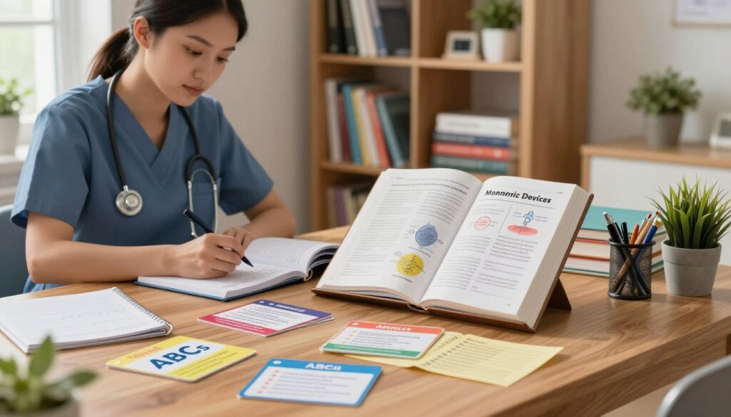 A cozy study space filled with educational materials illustrating "Mnemonic Devices" for NCLEX preparation. In the foreground, a wooden desk scattered with colorful flashcards and notes, featuring mnemonics like "ABCs" for prioritization. To the left, a nurse in professional business attire, engaged in focused study, taking notes. In the middle, an open textbook with diagrams and charts that highlight key nursing concepts. The background displays a soft-lit bookshelf filled with nursing textbooks, study guides, and a small potted plant to add life. The scene is warmly lit with natural light coming through a nearby window, creating an inviting and academic atmosphere, perfect for effective learning and memorization. A cozy study space filled with educational materials illustrating "Mnemonic Devices" for NCLEX preparation. In the foreground, a wooden desk scattered with colorful flashcards and notes, featuring mnemonics like "ABCs" for prioritization. To the left, a nurse in professional business attire, engaged in focused study, taking notes. In the middle, an open textbook with diagrams and charts that highlight key nursing concepts. The background displays a soft-lit bookshelf filled with nursing textbooks, study guides, and a small potted plant to add life. The scene is warmly lit with natural light coming through a nearby window, creating an inviting and academic atmosphere, perfect for effective learning and memorization.