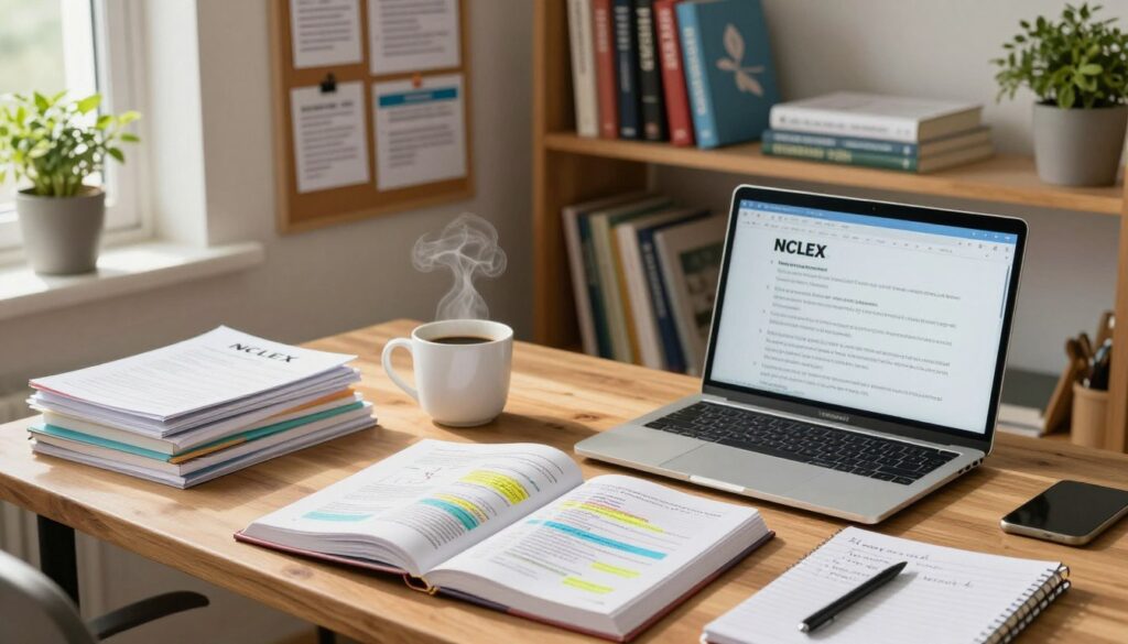 A cozy, well-lit study corner featuring a wooden desk cluttered with NCLEX study materials. In the foreground, an open textbook filled with colorful diagrams and highlighted text, alongside a laptop displaying NCLEX practice questions. A steaming cup of coffee rests beside a notepad where handwritten notes are visible. The middle layer showcases a bulletin board with pinned flashcards and study tips. In the background, a bookshelf contains nursing reference books and a potted plant adds a touch of greenery. Soft, natural light streams in through a window, creating a warm and inviting atmosphere, suggesting focus and determination. The image captures a professional yet relaxed mood, ideal for studying while balancing work commitments.