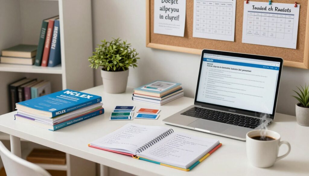 A cozy, well-lit study space featuring a neatly organized desk with NCLEX study materials, such as textbooks, flashcards, and a laptop displaying practice questions. In the foreground, a cup of steaming coffee sits next to a colorful notepad filled with handwritten study tips and checklists. The middle ground includes a wall with a bulletin board displaying motivational quotes and charts about daily practice schedules. The background showcases shelves filled with nursing books and a plant for a touch of greenery. The scene is bright and inviting, emphasizing a calm, focused atmosphere conducive to studying. Soft, diffused lighting creates a warm ambiance, suggesting early morning or late afternoon time. The overall mood conveys dedication and the importance of daily preparation for success in the NCLEX. A cozy, well-lit study space featuring a neatly organized desk with NCLEX study materials, such as textbooks, flashcards, and a laptop displaying practice questions. In the foreground, a cup of steaming coffee sits next to a colorful notepad filled with handwritten study tips and checklists. The middle ground includes a wall with a bulletin board displaying motivational quotes and charts about daily practice schedules. The background showcases shelves filled with nursing books and a plant for a touch of greenery. The scene is bright and inviting, emphasizing a calm, focused atmosphere conducive to studying. Soft, diffused lighting creates a warm ambiance, suggesting early morning or late afternoon time. The overall mood conveys dedication and the importance of daily preparation for success in the NCLEX.