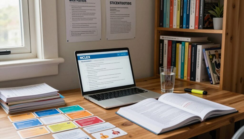 A cozy, well-organized study space focused on NCLEX preparation. In the foreground, a wooden desk is cluttered with colorful flashcards, a laptop displaying NCLEX practice questions, and textbooks open to anatomy and pharmacology chapters. A glass of water and a highlighter add to the atmosphere of productivity. In the middle ground, a wall is adorned with motivational posters featuring study tips and nursing concepts. In the background, a bookshelf is filled with nursing textbooks and reference guides. Soft, natural light filters through a nearby window, creating a warm and inviting ambiance. The mood is focused and studious, encouraging a balance between content review and practice. A cozy, well-organized study space focused on NCLEX preparation. In the foreground, a wooden desk is cluttered with colorful flashcards, a laptop displaying NCLEX practice questions, and textbooks open to anatomy and pharmacology chapters. A glass of water and a highlighter add to the atmosphere of productivity. In the middle ground, a wall is adorned with motivational posters featuring study tips and nursing concepts. In the background, a bookshelf is filled with nursing textbooks and reference guides. Soft, natural light filters through a nearby window, creating a warm and inviting ambiance. The mood is focused and studious, encouraging a balance between content review and practice.