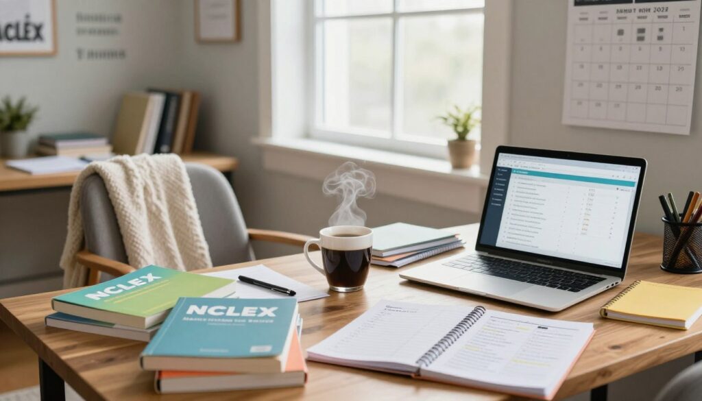A cozy, well-organized study space set in a bright, inviting room. In the foreground, a wooden desk is cluttered with NCLEX study materials, including colorful books, notes, and a laptop showing a study schedule. A steaming cup of coffee sits beside a neatly written planner filled with study goals. In the middle ground, a comfortable chair with a soft throw blanket is positioned next to the desk, inviting the viewer to imagine long study sessions. The background features a large window letting in natural light, illuminating a wall adorned with motivational quotes and a calendar. The atmosphere is focused and productive, evoking a sense of determination and preparation. The ambient light should be warm and soft, enhancing the overall mood of a dedicated study environment.