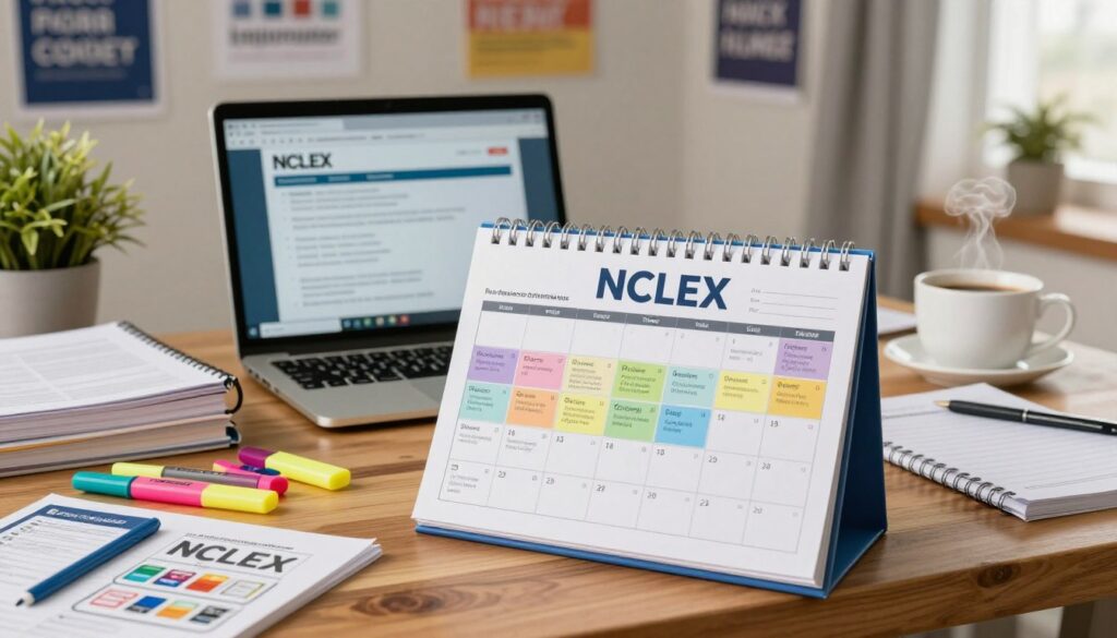 A detailed NCLEX exam preparation calendar, prominently displayed on a wooden desk, surrounded by study materials like textbooks, highlighters, and flashcards. In the foreground, focus on the calendar featuring weekly sections with color-coded active learning techniques like practice questions, group study sessions, and self-assessments. The middle ground should include an open laptop with NCLEX review resources, and a cup of coffee steaming gently. The background shows a well-organized study space with motivational posters on the wall and a potted plant adding a touch of green. Soft, natural lighting filters in from a nearby window, casting a warm glow, creating an inviting and focused atmosphere. The image conveys dedication and an organized approach to studying for the NCLEX exam.