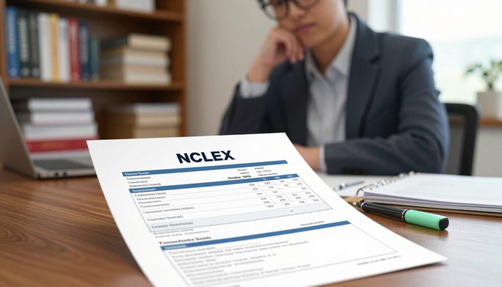 A detailed NCLEX score report displayed prominently in the foreground, featuring clear sections for pass/fail status, score breakdown, and candidate information, all presented in a formal, official layout. The report is placed on a polished wooden desk, partially covered with a pen and a highlighter. In the middle ground, a thoughtful test-taker, dressed in smart casual attire, examines the score report with a contemplative expression, their hands lightly resting on the desk. In the background, a softly blurred bookshelf filled with nursing textbooks and study materials evokes a professional atmosphere. The scene is illuminated with warm, natural lighting coming from a nearby window, casting gentle shadows that enhance the serious but hopeful mood of the moment. A detailed NCLEX score report displayed prominently in the foreground, featuring clear sections for pass/fail status, score breakdown, and candidate information, all presented in a formal, official layout. The report is placed on a polished wooden desk, partially covered with a pen and a highlighter. In the middle ground, a thoughtful test-taker, dressed in smart casual attire, examines the score report with a contemplative expression, their hands lightly resting on the desk. In the background, a softly blurred bookshelf filled with nursing textbooks and study materials evokes a professional atmosphere. The scene is illuminated with warm, natural lighting coming from a nearby window, casting gentle shadows that enhance the serious but hopeful mood of the moment.