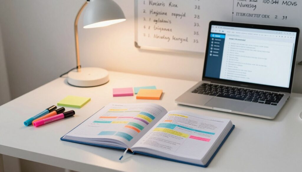 A detailed NCLEX study schedule laid out on a clean, organized desk. In the foreground, an open planner filled with color-coded study blocks and notes on nursing concepts. Next to the planner, highlighters, sticky notes, and a laptop displaying a study app are neatly arranged. In the middle ground, a cozy study lamp casts a warm glow over the scene, creating a focused atmosphere. In the background, a whiteboard filled with key nursing topics and deadlines enhances the educational ambiance. The lighting is soft yet bright, emphasizing a calm and organized space conducive to studying. The overall mood should feel encouraging and motivating, inspiring prospective nurses to establish a strong study routine.