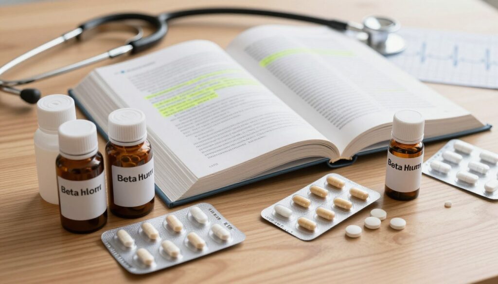 A detailed and elegant arrangement of various beta blocker medications on a wooden table, including pills and their respective bottles, artfully displayed in the foreground. In the middle ground, an open medical textbook can be seen, with highlighted sections about beta blockers that evoke a sense of learning and study. In the background, soft-focus elements like a stethoscope and an ECG graph add a professional medical atmosphere. The scene is illuminated by warm, natural lighting that creates an inviting mood, emphasizing the importance of cardiac health. The angle is slightly overhead to capture all elements harmoniously while maintaining a clean, organized aesthetic, reflecting a sense of professionalism and focus on nursing education.