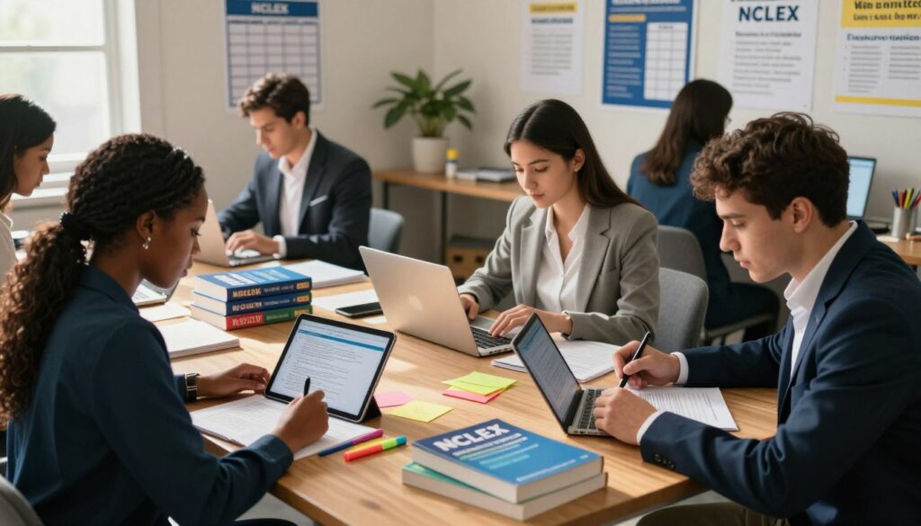 A detailed and focused study environment showcasing NCLEX preparation methods. In the foreground, a diverse group of two nursing students, a Black woman and a Hispanic man, are thoughtfully taking practice tests on tablets and laptops, dressed in professional business attire. The middle section features a large, well-organized wooden study table cluttered with NCLEX review books, colorful sticky notes, and highlighters. In the background, a soft-lit room with motivational posters on the walls displays study schedules and NCLEX tips. The atmosphere is one of determination and focus, with warm sunlight streaming through a window, casting gentle shadows and creating a serene yet productive ambiance. Use a standard lens for clarity, and frame the scene in a slightly elevated angle to capture the depth of the study space. A detailed and focused study environment showcasing NCLEX preparation methods. In the foreground, a diverse group of two nursing students, a Black woman and a Hispanic man, are thoughtfully taking practice tests on tablets and laptops, dressed in professional business attire. The middle section features a large, well-organized wooden study table cluttered with NCLEX review books, colorful sticky notes, and highlighters. In the background, a soft-lit room with motivational posters on the walls displays study schedules and NCLEX tips. The atmosphere is one of determination and focus, with warm sunlight streaming through a window, casting gentle shadows and creating a serene yet productive ambiance. Use a standard lens for clarity, and frame the scene in a slightly elevated angle to capture the depth of the study space.