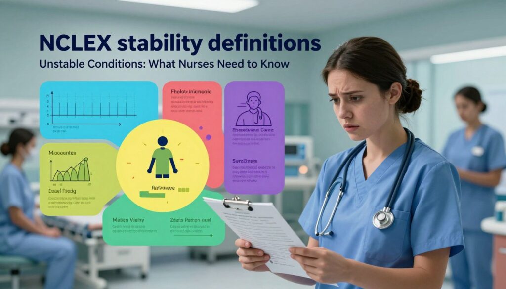 A detailed and informative illustration representing "NCLEX stability definitions," focused on "Unstable Conditions: What Nurses Need to Know." In the foreground, a nurse in professional attire examines a medical chart with a concerned expression, emphasizing critical thinking. In the middle, a vibrant, color-coded diagram depicts various unstable conditions, such as fluctuating vital signs and emergency scenarios related to patient care. The background features a hospital setting, softly lit, with medical equipment and a blurred out nurse's station to convey a busy, yet organized environment. The atmosphere should reflect urgency but with a sense of focus and determination, highlighting the gravity of unstable patient conditions, evoking professionalism and dedication in nursing.