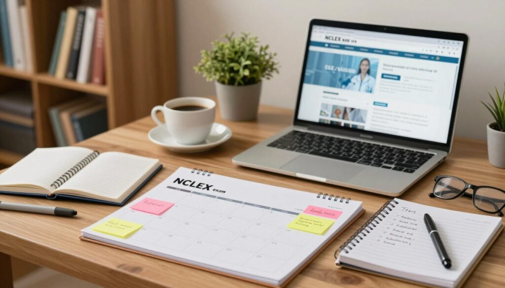 A detailed and organized study calendar for the NCLEX exam, prominently displayed on a wooden desk. In the foreground, the calendar features colorful sticky notes, markers, and a notepad with handwritten study goals. The middle layer includes a laptop open to a nursing resource website and a cup of coffee, symbolizing focus and determination. In the background, a cozy study space with bookshelves filled with nursing textbooks and a potted plant adds a touch of calm. Warm, soft lighting creates a serene atmosphere, suggesting a productive study environment. The image conveys motivation and clarity, perfect for aspiring nurses preparing for their licensing exam.