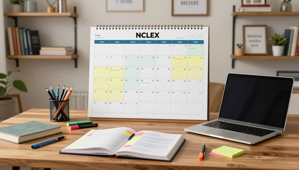 A detailed and organized study schedule for NCLEX preparation, displayed on a large wooden desk. The foreground includes an open planner with colorful sticky notes, a laptop with a modern design, and an assortment of highlighters and pens. In the middle, a wall-mounted calendar showcases a structured study plan with highlighted dates, emphasizing study goals and topics. The background features a cozy study area with shelves lined with nursing textbooks and motivational quotes in elegant frames. Soft, warm lighting casts a welcoming glow, creating a focused yet relaxed atmosphere perfect for studying. The overall mood conveys dedication and organization, ideal for aspiring nurses preparing for the NCLEX exam.