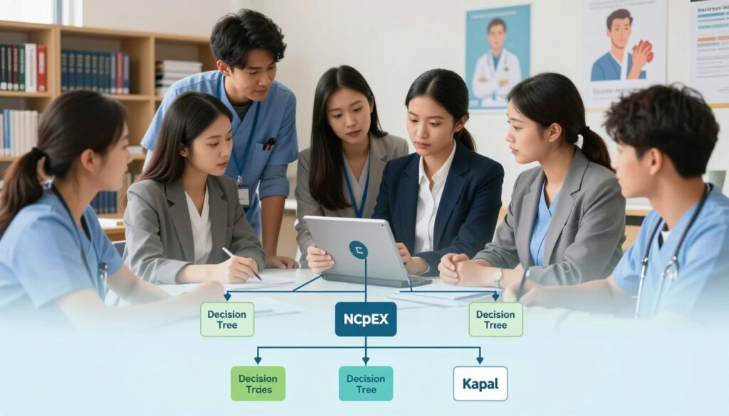 A detailed and visually engaging illustration of the NCLEX Kaplan decision tree, presented in a professional and educational style. The foreground features a stylized, flowchart-like decision tree diagram, with decision points clearly marked and illustrated in a color palette of soothing blues and greens. In the middle ground, a diverse group of nursing students in professional business attire is gathered around a large, interactive tablet, discussing the decision tree with focused expressions. The background is a softly lit classroom setting, with bookshelves lined with nursing textbooks and inspirational posters on the walls. The overall mood is one of collaboration and learning, highlighting the use of the decision tree in effective study sessions, all captured in soft, even lighting to create an inviting atmosphere.