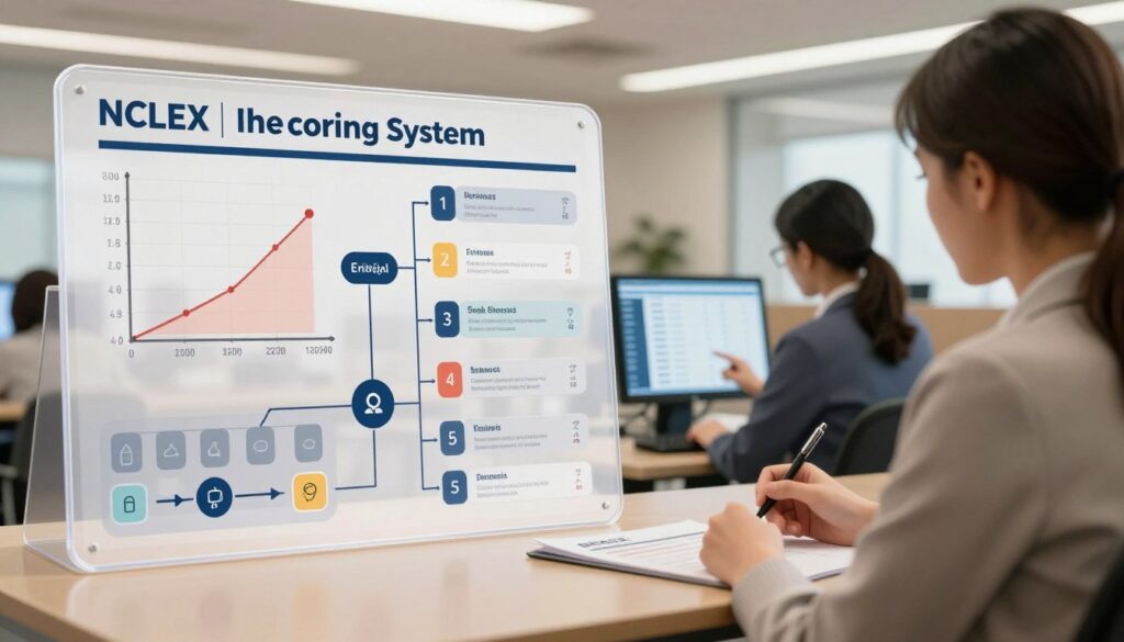 A detailed and visually engaging illustration of the NCLEX scoring system. In the foreground, depict a large, clear diagram that represents the scoring mechanism, featuring graphs and flowcharts with icons for different scoring criteria. In the middle ground, include a professional nursing candidate focused on their exam, wearing business attire, interacting with a digital screen showcasing the scoring details. The background should feature a modern testing center environment, with soft lighting that creates a calm and professional atmosphere. Use a wide-angle lens perspective to add depth, ensuring the color palette is composed of warm tones to evoke a sense of clarity and knowledge, with subtle highlights that draw attention to the scoring diagram.