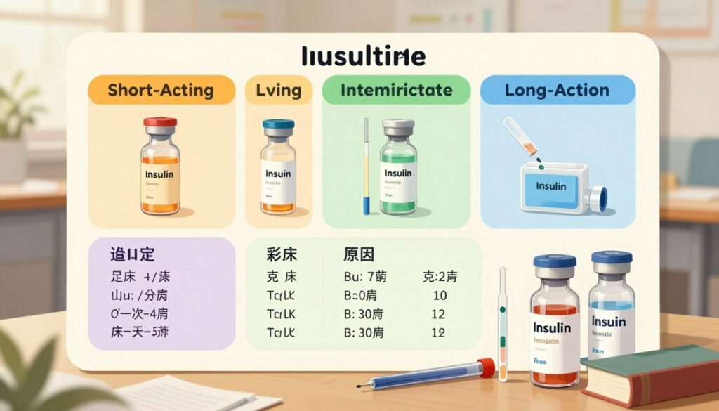 A detailed educational illustration of various types of insulin, featuring a color-coded chart with visually distinct sections for Rapid-Acting, Short-Acting, Intermediate-Acting, and Long-Acting insulins. In the foreground, display realistic insulin vials labeled with their names and characteristics, such as onset, peak, and duration. The middle ground features a lightly textured background that simulates a classroom or study environment, perhaps with subtle elements like books and study tools to enhance the educational aspect. Use soft, diffused lighting to create a warm and inviting atmosphere, and choose a slightly elevated angle to provide a comprehensive view of the insulin types. The overall mood should be informative and calming, perfect for a study guide illustration. A detailed educational illustration of various types of insulin, featuring a color-coded chart with visually distinct sections for Rapid-Acting, Short-Acting, Intermediate-Acting, and Long-Acting insulins. In the foreground, display realistic insulin vials labeled with their names and characteristics, such as onset, peak, and duration. The middle ground features a lightly textured background that simulates a classroom or study environment, perhaps with subtle elements like books and study tools to enhance the educational aspect. Use soft, diffused lighting to create a warm and inviting atmosphere, and choose a slightly elevated angle to provide a comprehensive view of the insulin types. The overall mood should be informative and calming, perfect for a study guide illustration.