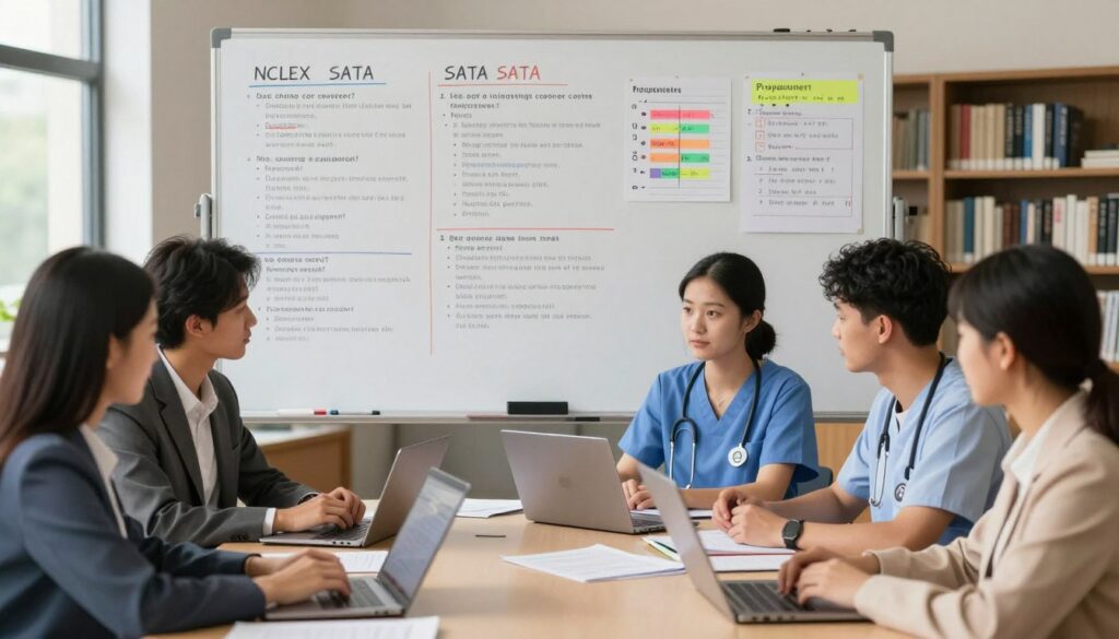 A detailed educational scene showcasing the NCLEX SATA question types. In the foreground, a diverse group of nursing students, dressed in professional business attire, are gathered around a table with laptops and NCLEX study guides open. The middle layer features a close-up of a large, well-organized whiteboard displaying various SATA questions, with colorful markers and charts illustrating key nursing concepts. The background includes a soft-focus library environment filled with books and study materials, emphasizing an academic atmosphere. Natural light streams in through large windows, casting a warm glow on the scene. The overall mood is focused and studious, conveying a sense of collaboration and determination among the students as they prepare for the NCLEX exam. A detailed educational scene showcasing the NCLEX SATA question types. In the foreground, a diverse group of nursing students, dressed in professional business attire, are gathered around a table with laptops and NCLEX study guides open. The middle layer features a close-up of a large, well-organized whiteboard displaying various SATA questions, with colorful markers and charts illustrating key nursing concepts. The background includes a soft-focus library environment filled with books and study materials, emphasizing an academic atmosphere. Natural light streams in through large windows, casting a warm glow on the scene. The overall mood is focused and studious, conveying a sense of collaboration and determination among the students as they prepare for the NCLEX exam.