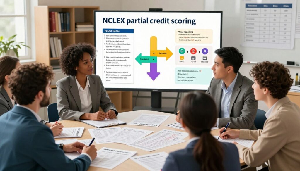 A detailed illustration demonstrating the concept of "NCLEX partial credit scoring." In the foreground, a diverse group of nursing professionals, dressed in professional business attire, are engaged in a collaborative discussion around a large table scattered with NCLEX test materials and scoring sheets. In the middle, infographics and charts visually represent the scoring system, including a breakdown of partial credit allocation, depicted with colorful, clear illustrations. The background features a softly lit classroom environment, with shelves of nursing textbooks and a whiteboard showing calculated scores. The lighting is warm and inviting, creating a focused and educational atmosphere. The angle is slightly elevated, capturing the collaborative interaction and educational tools effectively. A detailed illustration demonstrating the concept of "NCLEX partial credit scoring." In the foreground, a diverse group of nursing professionals, dressed in professional business attire, are engaged in a collaborative discussion around a large table scattered with NCLEX test materials and scoring sheets. In the middle, infographics and charts visually represent the scoring system, including a breakdown of partial credit allocation, depicted with colorful, clear illustrations. The background features a softly lit classroom environment, with shelves of nursing textbooks and a whiteboard showing calculated scores. The lighting is warm and inviting, creating a focused and educational atmosphere. The angle is slightly elevated, capturing the collaborative interaction and educational tools effectively.