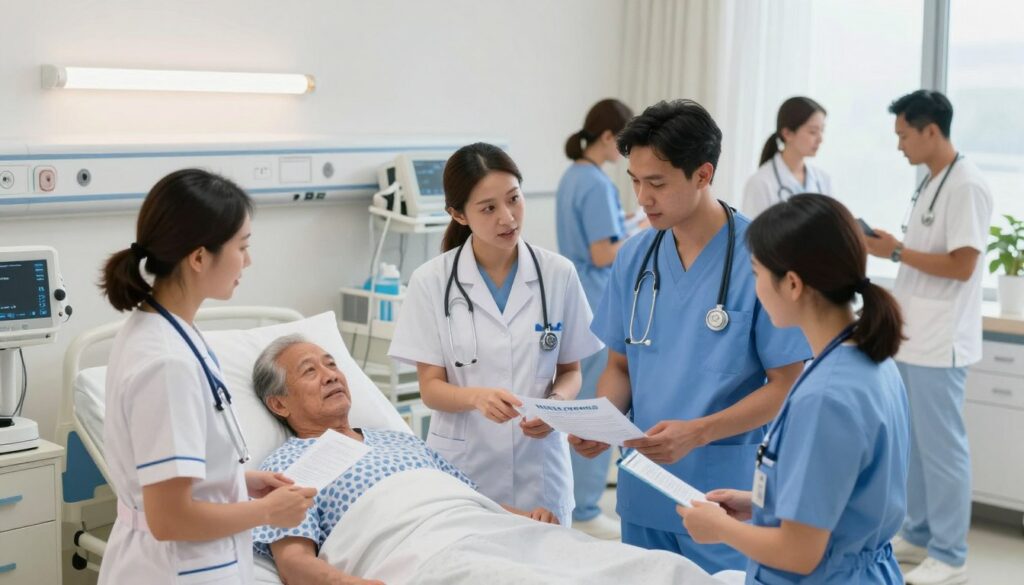 A detailed illustration depicting a nursing delegation scenario for NCLEX exam preparation. In the foreground, a diverse group of healthcare professionals—two nurses and a nursing assistant—are engaged in a discussion around patient care, with one nurse pointing at a patient chart. The middle ground features a hospital room setting, with a patient in a bed, and medical equipment and supplies neatly organized. The background shows other healthcare workers attending to various tasks, contributing to a bustling hospital environment. The scene is well-lit, suggesting a bright, professional atmosphere, with natural light streaming through a window. The composition captures a mood of collaboration and decision-making, emphasizing the importance of communication in healthcare delegation. A detailed illustration depicting a nursing delegation scenario for NCLEX exam preparation. In the foreground, a diverse group of healthcare professionals—two nurses and a nursing assistant—are engaged in a discussion around patient care, with one nurse pointing at a patient chart. The middle ground features a hospital room setting, with a patient in a bed, and medical equipment and supplies neatly organized. The background shows other healthcare workers attending to various tasks, contributing to a bustling hospital environment. The scene is well-lit, suggesting a bright, professional atmosphere, with natural light streaming through a window. The composition captures a mood of collaboration and decision-making, emphasizing the importance of communication in healthcare delegation.