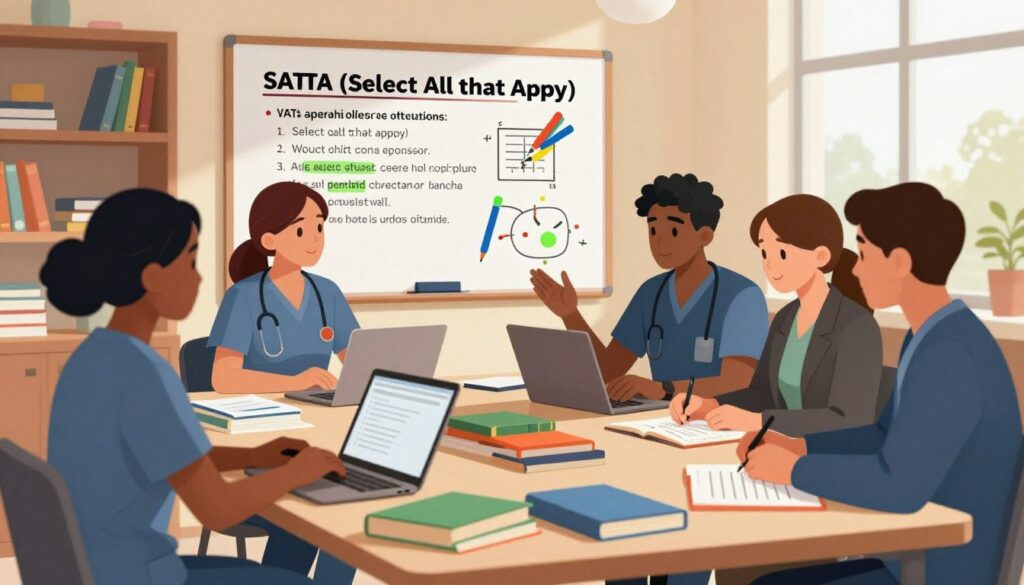 A detailed illustration depicting a study environment for NCLEX test-taking strategies focused on SATA (Select All That Apply) questions. In the foreground, a diverse group of nursing students, dressed in professional business attire, are gathered around a large table filled with books, laptops, and colorful study materials. One student is actively discussing strategies with others, while another is working intently on a laptop. In the middle ground, a whiteboard displays key tips and common mistakes related to SATA questions, with colorful markers and diagrams. The background features warm lighting that creates a focused, inviting atmosphere, with shelves filled with nursing textbooks and a large window allowing natural light to flood the room. The overall mood is dynamic and collaborative, emphasizing teamwork and effective study methods.