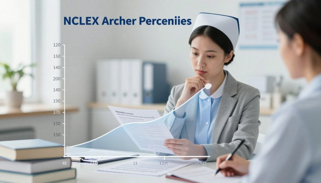 A detailed illustration depicting the NCLEX Archer score percentiles, intended for educational purposes. In the foreground, a clear, modern graph showing a rising curve with specific percentile markers labeled, representing various score ranges. The middle layer includes a professional nurse in business attire, analyzing the graph with a thoughtful expression, surrounded by study materials such as books and charts emphasizing exam preparation. The background is softly blurred to suggest a well-lit study environment, with soft lighting that adds an atmosphere of focus and determination. The overall mood evokes professionalism and encouragement, conveying the significance of understanding the Archer score in nursing education. No text or annotations present in the image. A detailed illustration depicting the NCLEX Archer score percentiles, intended for educational purposes. In the foreground, a clear, modern graph showing a rising curve with specific percentile markers labeled, representing various score ranges. The middle layer includes a professional nurse in business attire, analyzing the graph with a thoughtful expression, surrounded by study materials such as books and charts emphasizing exam preparation. The background is softly blurred to suggest a well-lit study environment, with soft lighting that adds an atmosphere of focus and determination. The overall mood evokes professionalism and encouragement, conveying the significance of understanding the Archer score in nursing education. No text or annotations present in the image.