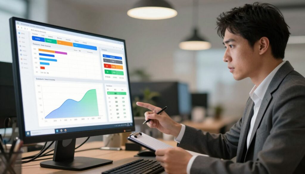 A detailed illustration of a SATA test scoring system, prominently featuring a digital scoring interface with visible metrics and partial score calculations. In the foreground, a computer screen displays colorful graphs and progress bars showing various scoring results. In the middle, a professional individual in business attire analyzes the data, with focused expression and a digital notepad in hand. The background includes a clean, modern office setting with soft ambient lighting, emphasizing a mood of professionalism and concentration. The scene is shot from a slight low angle, providing depth and highlighting the importance of the scoring system in educational assessment. The lighting is warm yet focused, creating an inviting but serious atmosphere for the analysis of scores.