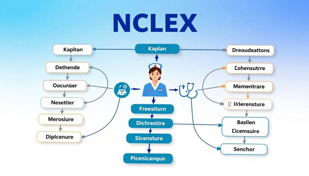 A detailed illustration of the Kaplan decision tree for NCLEX, designed for educational purposes. In the foreground, display an intricate flowchart showing various decision points and outcomes related to nursing licensure, with clear and distinct branches. In the middle section, include symbolic icons such as a nurse, stethoscope, and medical symbols to enhance understanding. The background should be a soft gradient of blue and white, evoking a calm and professional atmosphere. Utilize bright, even lighting to ensure clarity and focus on the flowchart elements. The perspective should be slightly angled to add depth, making the chart appear engaging and interactive. The overall mood is informative and supportive, ideal for a learning environment.