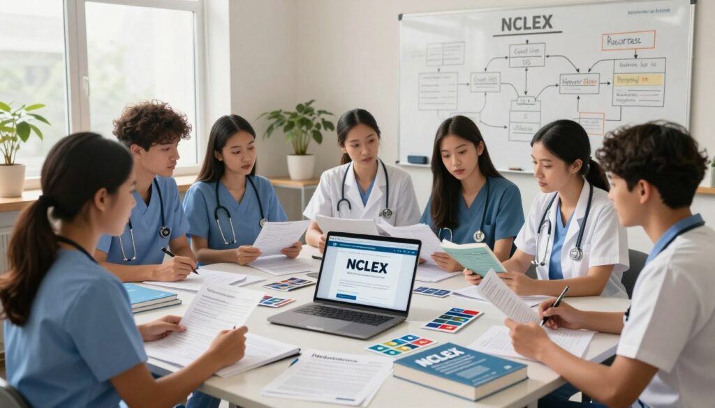 A detailed illustration of the NCLEX and nursing license requirements, framed within a professional setting. In the foreground, show a diverse group of nursing students in professional business attire, actively discussing their study materials and NCLEX preparation books. The middle ground features a large table covered with various nursing license papers, a laptop displaying the NCLEX website, and study tools such as flashcards and textbooks. In the background, include a whiteboard with flowcharts outlining the steps for licensure in the U.S., illuminated by soft, natural lighting coming from a window. The atmosphere is focused and collaborative, conveying a sense of determination and professionalism as the students work towards their nursing goals. A detailed illustration of the NCLEX and nursing license requirements, framed within a professional setting. In the foreground, show a diverse group of nursing students in professional business attire, actively discussing their study materials and NCLEX preparation books. The middle ground features a large table covered with various nursing license papers, a laptop displaying the NCLEX website, and study tools such as flashcards and textbooks. In the background, include a whiteboard with flowcharts outlining the steps for licensure in the U.S., illuminated by soft, natural lighting coming from a window. The atmosphere is focused and collaborative, conveying a sense of determination and professionalism as the students work towards their nursing goals.
