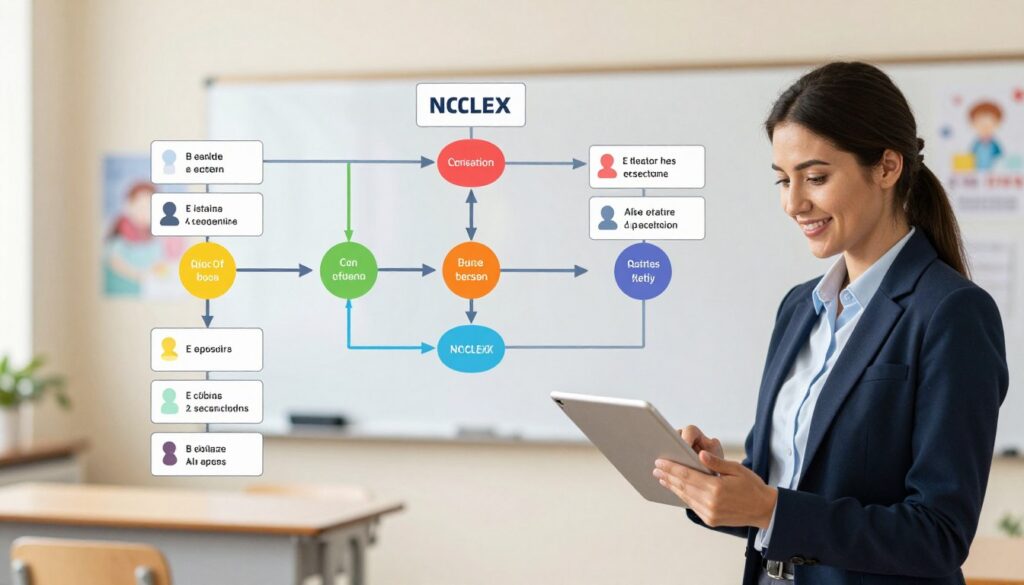 A detailed illustration of the NCLEX question algorithm process, featuring a modern, clean design with interconnected flowcharts and decision trees. In the foreground, depict a professional nursing educator examining a digital tablet, dressed in smart business attire. In the middle, showcase dynamic arrows and icons representing various question paths and answer choices stemming from the educator, with vibrant colors for clarity. The background should include a softly blurred classroom setting, with educational posters and a whiteboard, infused with warm natural lighting that creates a welcoming atmosphere. The overall mood should convey an enlightening and informative feel, illustrating the mechanics behind adaptive questioning in nursing assessments.