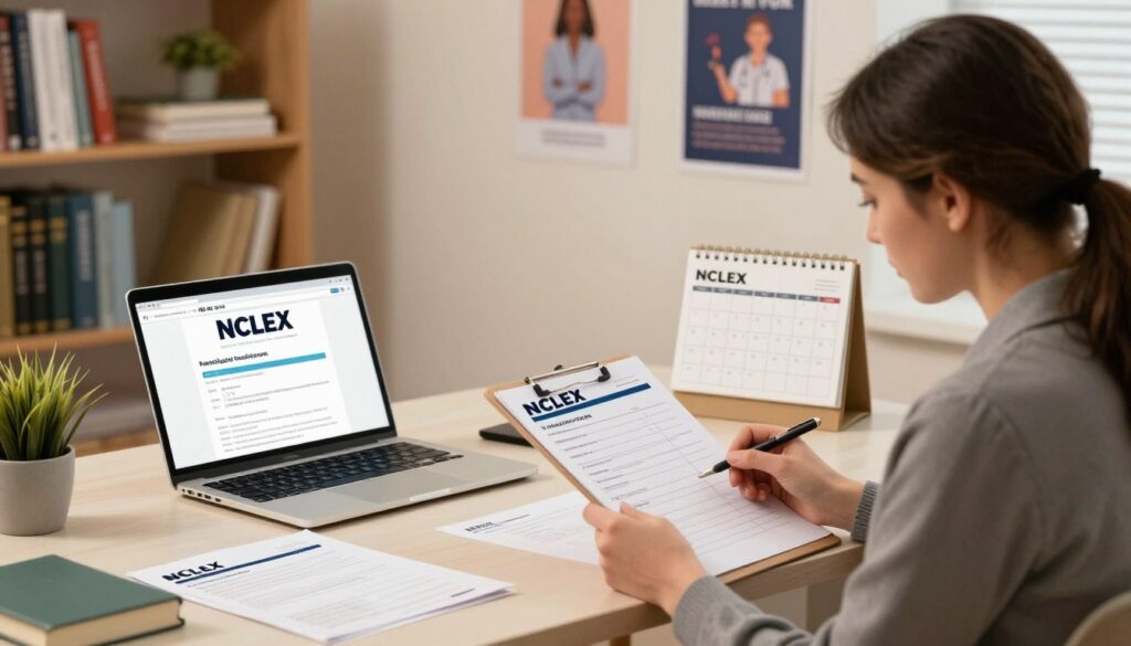 A detailed illustration of the NCLEX registration steps, visually representing a step-by-step guide. In the foreground, a focused, professional individual, dressed in smart business casual attire, examines a checklist on a clipboard. In the middle ground, a well-organized desk filled with NCLEX-related materials, such as forms, a laptop open to the NCLEX website, and a calendar marked with important dates. The background features a softly lit study environment, with bookshelves filled with nursing textbooks and motivational posters on the walls. Warm, inviting lighting creates a sense of calm and preparedness, while an angled perspective emphasizes the importance of the registration process. The atmosphere should convey focus, determination, and professionalism, suitable for prospective test takers.