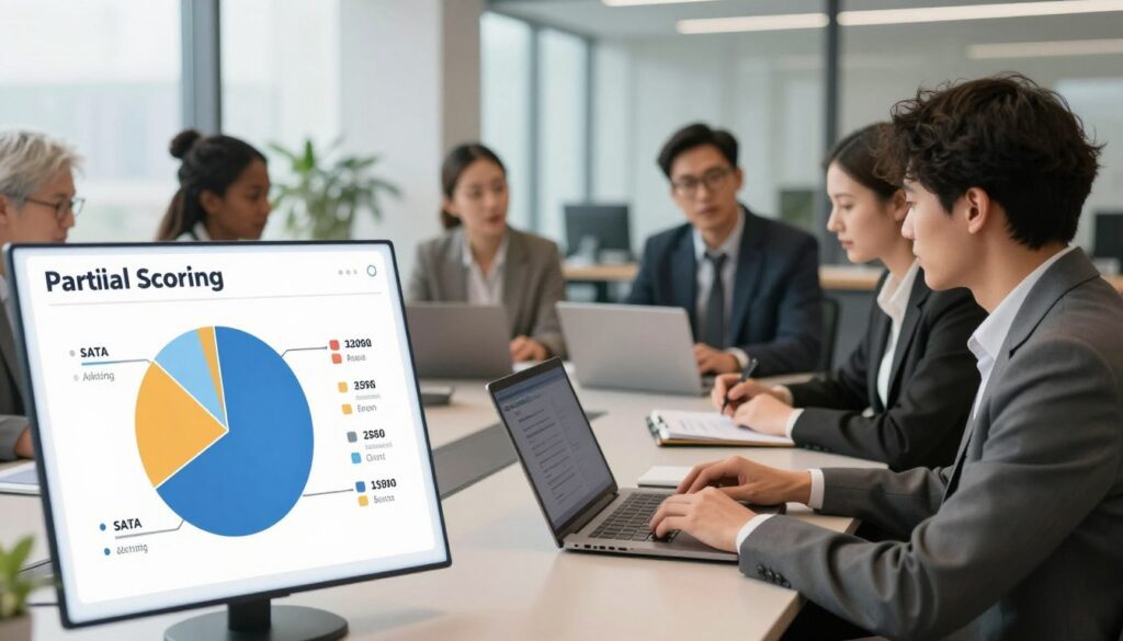 A detailed illustration of the concept of "Partial Scoring" in the context of SATA (Supplemental Assessment of Test Aptitude) questions. In the foreground, visualize a sleek digital interface with a pie chart displaying different scoring segments, with sections labeled to represent various scoring categories. In the middle ground, a professional, diverse group of people dressed in business attire is engaged in a focused discussion around a table, with laptops and notepads open, symbolizing collaborative assessment review. The background should feature a modern office setting with large windows, providing soft natural light that creates a calm and focused atmosphere. Use a wide-angle lens effect to capture the depth of the interaction and the contemporary workspace vibe.