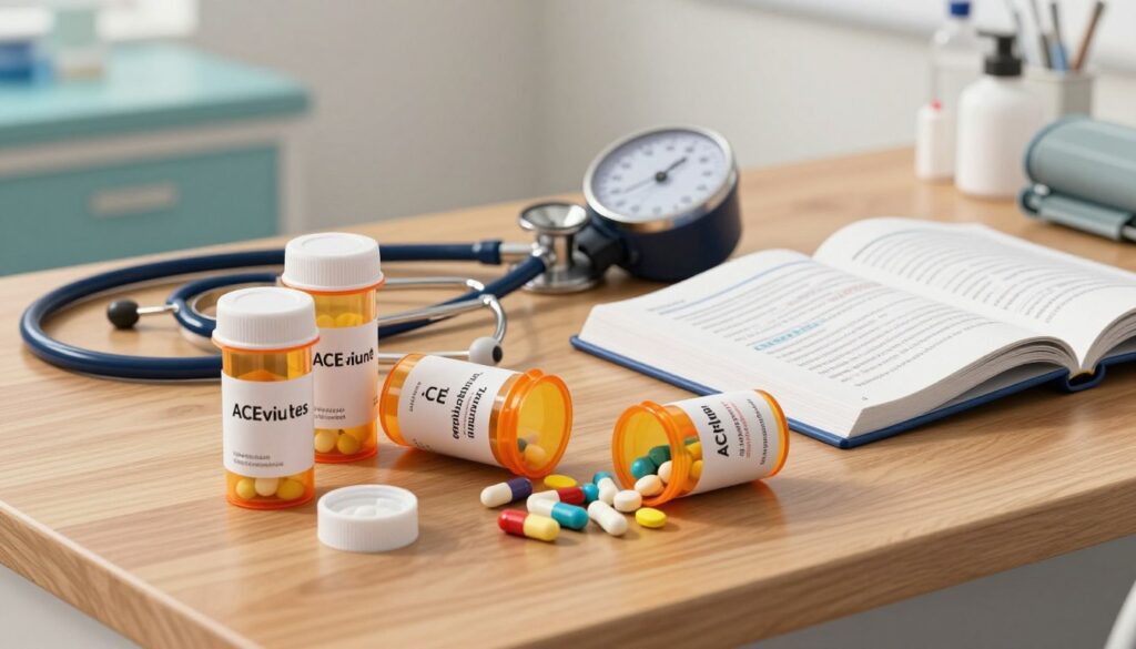A detailed illustration of various cardiovascular drugs prominently displayed on a wooden desk. In the foreground, include several prescription pill bottles labeled with common cardiovascular medications like beta-blockers, ACE inhibitors, and statins, with their caps partially open to show colorful capsules and tablets. In the middle ground, a stethoscope and a blood pressure monitor lay beside a nursing textbook opened to a section on pharmacology. The background features a softly blurred clinic or hospital interior, conveying a professional medical atmosphere. Use warm, natural lighting to create an inviting and educational mood, with a slight focus on the drug containers to emphasize their importance in healthcare. The camera angle should be slightly elevated, providing a clear view of the desk setup. A detailed illustration of various cardiovascular drugs prominently displayed on a wooden desk. In the foreground, include several prescription pill bottles labeled with common cardiovascular medications like beta-blockers, ACE inhibitors, and statins, with their caps partially open to show colorful capsules and tablets. In the middle ground, a stethoscope and a blood pressure monitor lay beside a nursing textbook opened to a section on pharmacology. The background features a softly blurred clinic or hospital interior, conveying a professional medical atmosphere. Use warm, natural lighting to create an inviting and educational mood, with a slight focus on the drug containers to emphasize their importance in healthcare. The camera angle should be slightly elevated, providing a clear view of the desk setup.