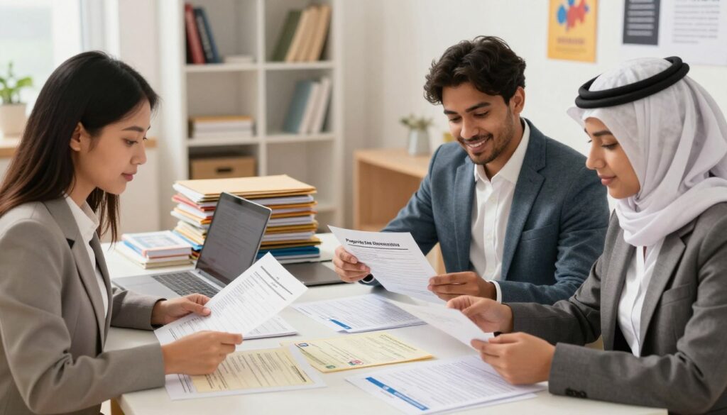 A detailed illustration showing the steps to apply for NCLEX as an international student, focusing on the theme "Preparing the Necessary Documentation." In the foreground, a diverse group of three international students—one Asian, one Hispanic, and one Middle-Eastern—are gathered around a table, reviewing various documents like transcripts, identification papers, and application forms. They are dressed in professional business attire. In the middle ground, stacks of folders and a laptop are visible, highlighting the organizational aspect of the application process. In the background, a bright, modern study area with bookshelves and motivational posters sets a focused and inspiring mood. Use soft, warm lighting to create a welcoming atmosphere, and angle the scene to showcase collaboration and determination in achieving their goals.