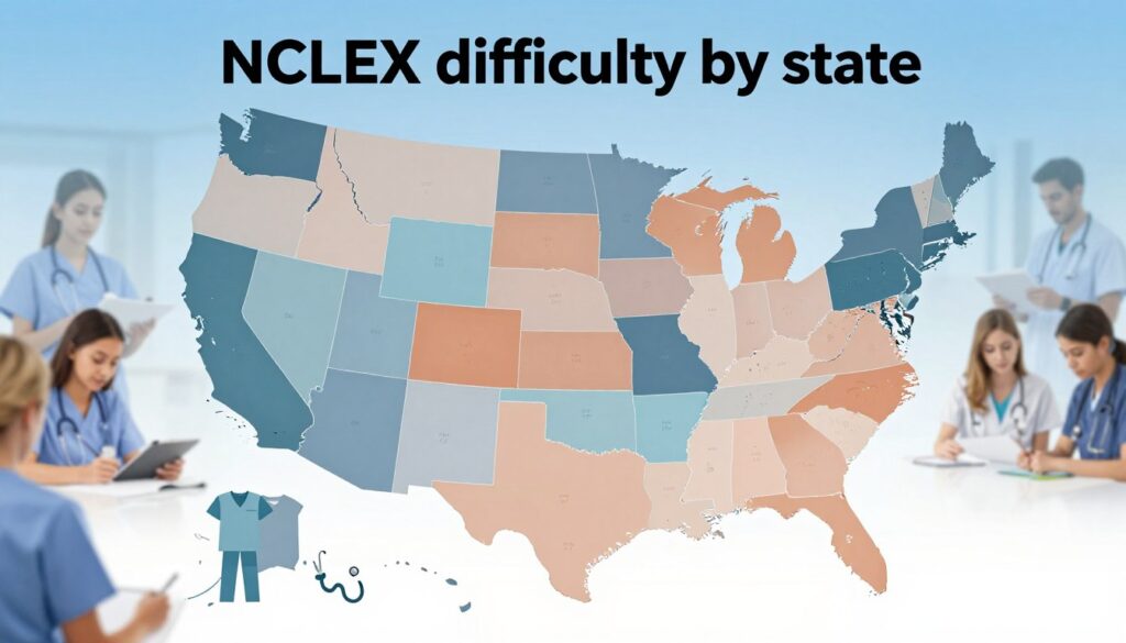 A detailed infographic illustrating "NCLEX difficulty by state" with a US map as the central visual element. The map is segmented into different states, each shaded in varying hues to represent difficulty levels—from easy to challenging. In the foreground, include stylized icons representing nursing professions, such as scrubs and stethoscopes, emphasizing the nursing aspect. In the middle ground, subtly incorporate images of nursing students studying and prepping for exams, depicted in professional attire or casual modest clothing. The background features a soft gradient of blue and white, evoking a calm atmosphere. Soft, natural lighting enhances clarity and focus on the map details. The overall mood should be informative and engaging, inviting readers to explore the complexities of NCLEX difficulty across states. A detailed infographic illustrating "NCLEX difficulty by state" with a US map as the central visual element. The map is segmented into different states, each shaded in varying hues to represent difficulty levels—from easy to challenging. In the foreground, include stylized icons representing nursing professions, such as scrubs and stethoscopes, emphasizing the nursing aspect. In the middle ground, subtly incorporate images of nursing students studying and prepping for exams, depicted in professional attire or casual modest clothing. The background features a soft gradient of blue and white, evoking a calm atmosphere. Soft, natural lighting enhances clarity and focus on the map details. The overall mood should be informative and engaging, inviting readers to explore the complexities of NCLEX difficulty across states.