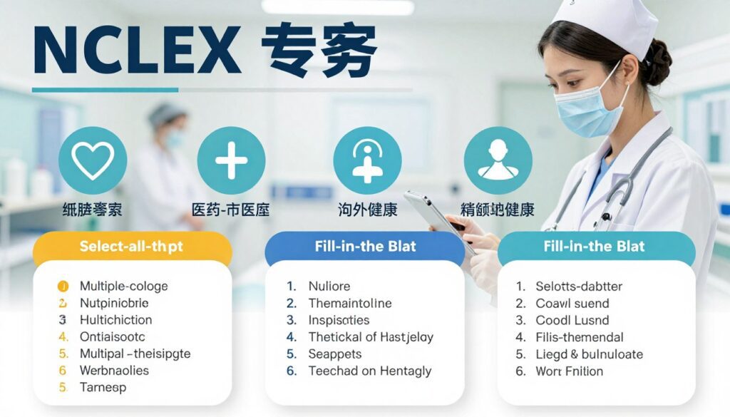 A detailed infographic illustrating the breakdown of question types on the NCLEX exam. In the foreground, diagrams of different question categories such as multiple-choice, select-all-that-apply, and fill-in-the-blank, presented with distinct colors and shapes. The middle layer includes stylized icons representing nursing topics like pharmacology, medical-surgical, and mental health. In the background, a faint outline of a nurse working at a hospital, symbolizing the practical application of the exam content. Use a bright, professional color palette to convey clarity and focus. Soft lighting emphasizes important elements, enhancing readability. The mood should be informative yet engaging, promoting a sense of confidence and professionalism. The image should not include any text or logos. A detailed infographic illustrating the breakdown of question types on the NCLEX exam. In the foreground, diagrams of different question categories such as multiple-choice, select-all-that-apply, and fill-in-the-blank, presented with distinct colors and shapes. The middle layer includes stylized icons representing nursing topics like pharmacology, medical-surgical, and mental health. In the background, a faint outline of a nurse working at a hospital, symbolizing the practical application of the exam content. Use a bright, professional color palette to convey clarity and focus. Soft lighting emphasizes important elements, enhancing readability. The mood should be informative yet engaging, promoting a sense of confidence and professionalism. The image should not include any text or logos.