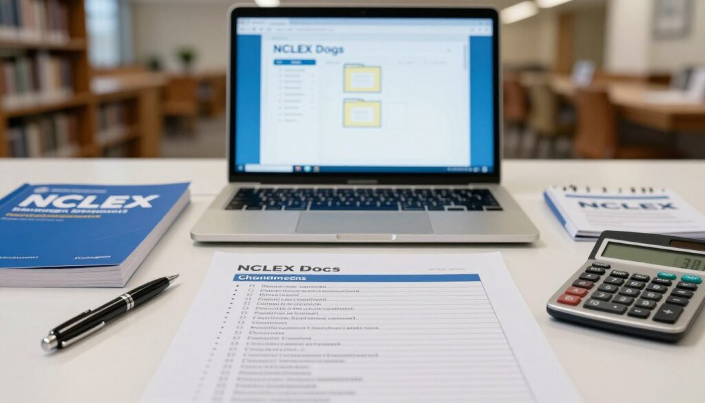 A detailed, professionally organized workspace showcasing essential NCLEX document requirements. In the foreground, a neatly arranged checklist of eligibility criteria printed on quality paper, with distinct bullet points and headings visible. Surrounding the checklist are essential items like a pen, a calculator, and an NCLEX study guide, all elegantly placed. In the middle, a laptop displays a well-organized digital folder labeled "NCLEX Docs," subtly glowing from the screen's light. The background features a softly blurred educational setting, perhaps a library or a study room, with warm, inviting lighting that creates a focused and scholarly atmosphere. The color palette is calm and professional, with shades of blue and white, promoting a sense of organization and clarity without any text, logos, or overt distractions. A detailed, professionally organized workspace showcasing essential NCLEX document requirements. In the foreground, a neatly arranged checklist of eligibility criteria printed on quality paper, with distinct bullet points and headings visible. Surrounding the checklist are essential items like a pen, a calculator, and an NCLEX study guide, all elegantly placed. In the middle, a laptop displays a well-organized digital folder labeled "NCLEX Docs," subtly glowing from the screen's light. The background features a softly blurred educational setting, perhaps a library or a study room, with warm, inviting lighting that creates a focused and scholarly atmosphere. The color palette is calm and professional, with shades of blue and white, promoting a sense of organization and clarity without any text, logos, or overt distractions.