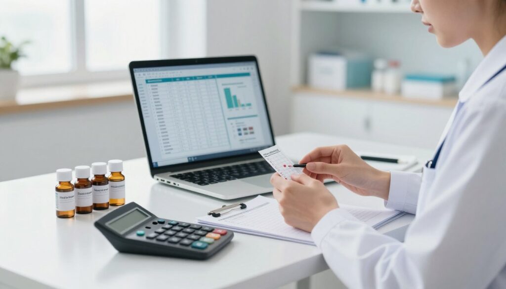 A detailed scene depicting a healthcare professional, dressed in professional attire, calculating medication dosages at a sleek, modern desk. In the foreground, a close-up of a calculator, a prescription pad, and vials of medication, with the healthcare worker’s focused hands at work. The middle ground features a laptop displaying a dosage calculation table and charts. The background shows a clean, bright hospital setting, with shelves of medical supplies and soft lighting filtering through large windows. The atmosphere is calm and studious, representing a space of learning and precision. Emphasize clarity, organization, and accuracy in the visual elements to reflect the importance of medication dosage calculations in nursing. A detailed scene depicting a healthcare professional, dressed in professional attire, calculating medication dosages at a sleek, modern desk. In the foreground, a close-up of a calculator, a prescription pad, and vials of medication, with the healthcare worker’s focused hands at work. The middle ground features a laptop displaying a dosage calculation table and charts. The background shows a clean, bright hospital setting, with shelves of medical supplies and soft lighting filtering through large windows. The atmosphere is calm and studious, representing a space of learning and precision. Emphasize clarity, organization, and accuracy in the visual elements to reflect the importance of medication dosage calculations in nursing.