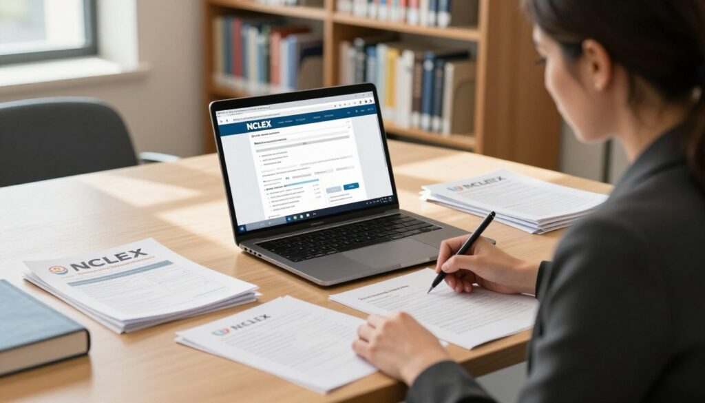 A detailed scene depicting the NCLEX registration process, showing a well-organized desk at a public library or an office space. In the foreground, a professional-looking woman in business attire is filling out forms on her laptop, with her documents neatly arranged beside her. The middle layer features an open laptop displaying the NCLEX registration website, with various forms and informational pamphlets visible. In the background, shelves filled with educational materials and books create a scholarly atmosphere. Soft, natural lighting streams in from a nearby window, casting gentle shadows. The overall mood is focused and determined, emphasizing the importance of preparation for the NCLEX. Keep the composition clear and serene, avoiding any distractions, with no text elements present.