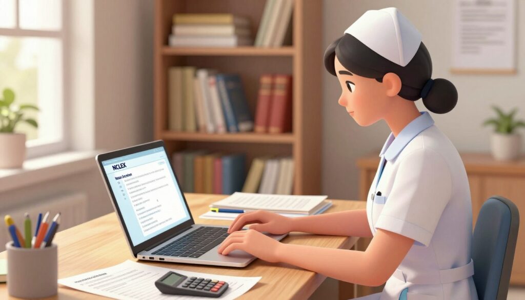 A digital illustration depicting a serene and focused study environment related to the NCLEX exam. In the foreground, a nurse in professional attire is seated at a wooden desk, intently using a laptop displaying NCLEX practice questions. Papers scattered around include test strategies, notes, and a calculator. The middle ground features a softly lit bookshelf filled with nursing textbooks and study materials, creating a scholarly atmosphere. The background is a softly blurred window that allows warm, natural light to filter in, enhancing the calm, studious mood. The composition emphasizes an air of determination and preparedness, evoking the essence of computer adaptive testing during the NCLEX exam. The focus is on professionalism and an organized study space, capturing the essence of the exam preparation. A digital illustration depicting a serene and focused study environment related to the NCLEX exam. In the foreground, a nurse in professional attire is seated at a wooden desk, intently using a laptop displaying NCLEX practice questions. Papers scattered around include test strategies, notes, and a calculator. The middle ground features a softly lit bookshelf filled with nursing textbooks and study materials, creating a scholarly atmosphere. The background is a softly blurred window that allows warm, natural light to filter in, enhancing the calm, studious mood. The composition emphasizes an air of determination and preparedness, evoking the essence of computer adaptive testing during the NCLEX exam. The focus is on professionalism and an organized study space, capturing the essence of the exam preparation.