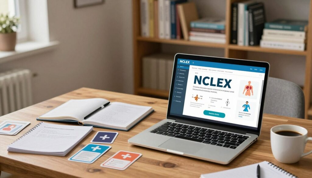 A digital workspace scene focused on NCLEX preparation video tutorials. In the foreground, a sleek laptop displays a colorful, dynamic video tutorial on NCLEX topics, with icons symbolizing nursing concepts like anatomy and pharmacology. Surrounding the laptop are neatly organized notes, flashcards, and a cup of coffee, creating a study vibe. The middle layer features a wooden desk with soft, warm lighting illuminating the materials, while a comfortable chair is slightly pulled back, hinting at the study process. In the background, a well-organized bookshelf filled with nursing textbooks and study guides adds depth. The mood is focused and inspiring, conveying determination and professionalism in a cozy learning environment.