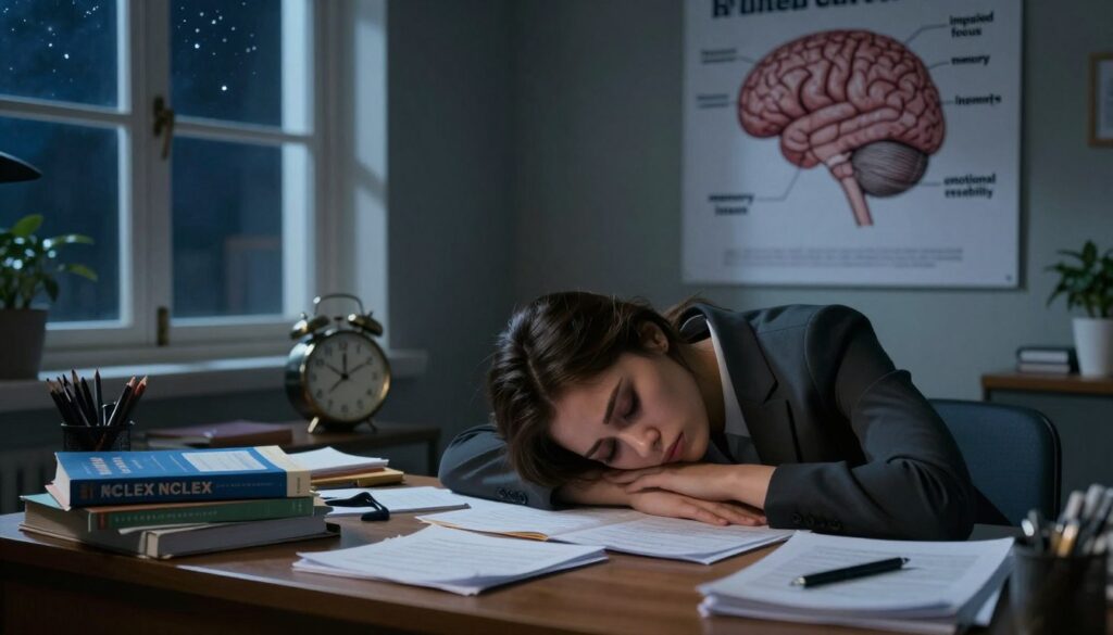 A dimly lit study room at night, with a desk cluttered with NCLEX study materials like textbooks and notes. In the foreground, a frazzled nursing student in professional business attire, looking overwhelmed, with dark circles under their eyes, head resting on the desk. In the middle ground, a clock showing late hours, and an open window revealing a starry sky, suggesting the late hour of study. Soft, diffused light casts shadows, creating a moody atmosphere that conveys stress and fatigue. In the background, a large wall poster depicting a brain with labels of consequences of sleep deprivation, like "impaired focus," "memory issues," and "emotional instability." The overall mood is tense, illustrating the potential impact of inadequate sleep before a crucial exam. A dimly lit study room at night, with a desk cluttered with NCLEX study materials like textbooks and notes. In the foreground, a frazzled nursing student in professional business attire, looking overwhelmed, with dark circles under their eyes, head resting on the desk. In the middle ground, a clock showing late hours, and an open window revealing a starry sky, suggesting the late hour of study. Soft, diffused light casts shadows, creating a moody atmosphere that conveys stress and fatigue. In the background, a large wall poster depicting a brain with labels of consequences of sleep deprivation, like "impaired focus," "memory issues," and "emotional instability." The overall mood is tense, illustrating the potential impact of inadequate sleep before a crucial exam.