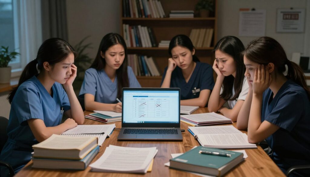 A dimly lit study room creates an atmosphere of focus and tension, with scattered study materials on a large wooden table. In the foreground, a group of four nursing students, dressed in professional business attire, sit anxiously around the table. Their expressions reveal frustration and confusion, as they look at a disorganized pile of textbooks and notes, highlighting the chaos of study groups. In the middle, a glowing laptop casts a soft light, illuminating a scribbled study plan with crossed-out topics, demonstrating ineffective collaboration. In the background, a bookshelf filled with nursing resources stands, adding depth. The overall mood is one of stress and distraction, capturing the pitfalls of studying in a group environment before the NCLEX.